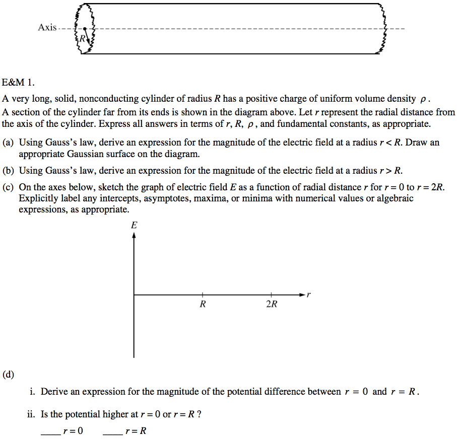 Axis.-- - A very long, solid, nonconducting cylinder of radius R has
 a positive charge of uniform volume density p . A section of the
 cylinder far from its ends is shown in the diagram above. Let r
 represent the radial distance from the axis of the cylinder. Express
 all answers in terms of r, R, p , and fundamental constants, as
 appropriate. (a) Using Gauss's law, derive an expression for the
 magnitude of the electric field ata radius r < R. Draw an appropriate
 Gaussian surface on the diagram. (b) Using Gauss's law, derive an
 expression for the magnitude of the electric field at a radius r > R.
 (c) On the axes below, sketch the graph of electric field E as a
 function of radial distance r for r = 0 to r = 2R. Explicitly label
 any intercepts, asymptotes, maxima, or minima with numerical values or
 algebraic expressions, as appropnate. (d) 2R i. Derive an expression
 for the magnitude of the potential difference between r ii. Is the
 potential higher at r = 0 or r = R ? O and r = R.
 