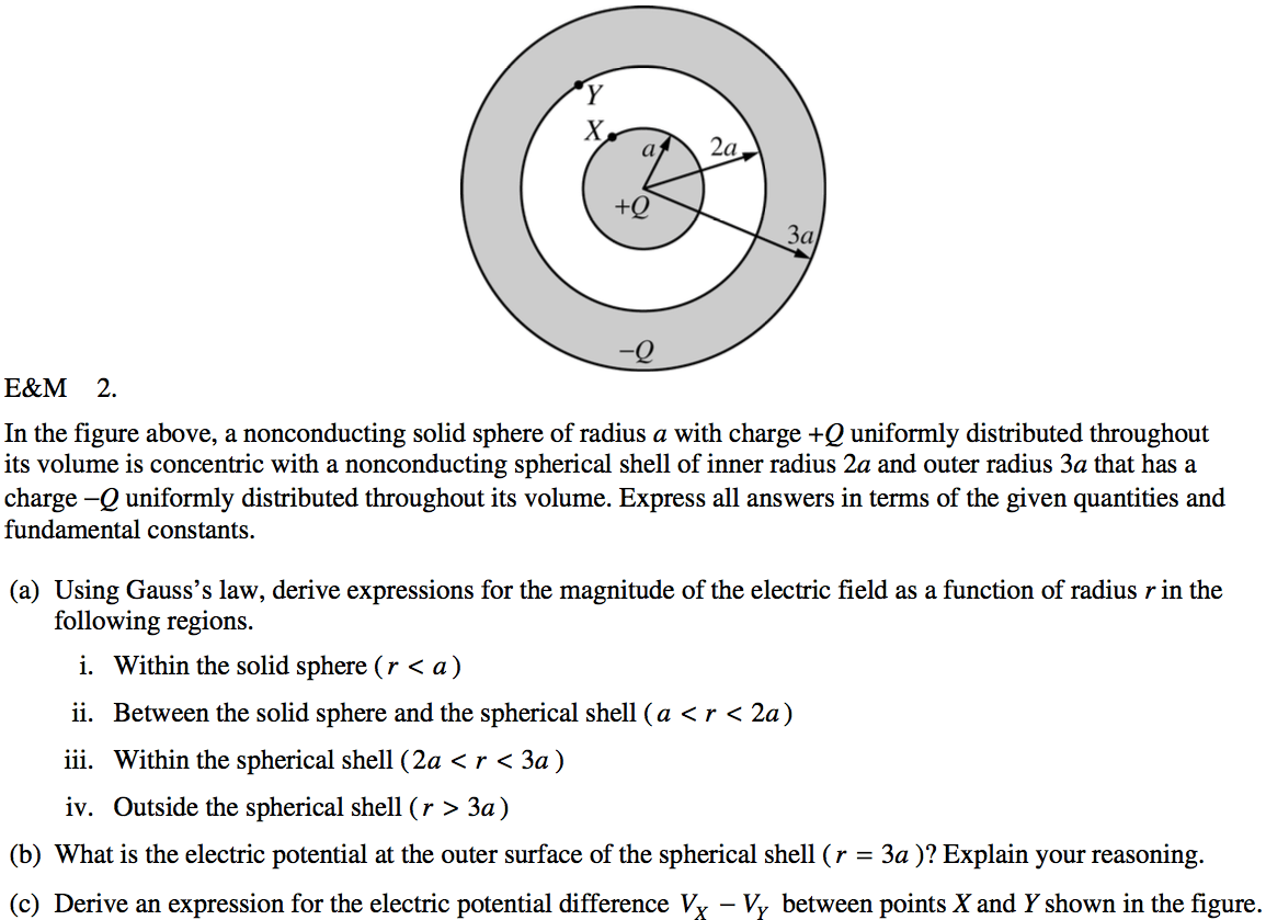-Q In the figure above, a nonconducting solid sphere of radius a
 with charge +Q uniformly distributed throughout its volume is
 concentric with a nonconducting spherical shell of inner radius 2a and
 outer radius 3a that has a charge —Q uniformly distributed throughout
 its volume. Express all answers in terms of the given quantities and
 fundamental constants. (a) Using Gauss's law, derive expressions for
 the magnitude of the electric field as a function of radius rin the
 following regions. i. Within the solid sphere (r < a) ii. Between the
 solid sphere and the spherical shell (a < r < 2a) iii. Within the
 spherical shell (2a < r < 3a ) iv. Outside the spherical shell (r >
 3a) (b) What is the electric potential at the outer surface of the
 spherical shell ( r = 3a )? Explain your reasoning. (c) Derive an
 expression for the electric potential difference Vx — VY between
 points X and Y shown in the figure. 