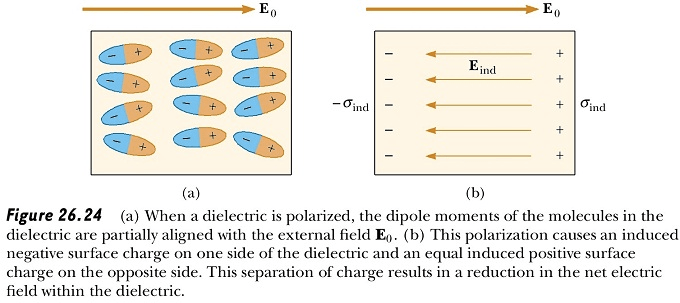—Oind Figure 26.24 (a) When a dielectric is polarized, the dipole
moments of the molecules in the dielectric are partially aligned with
the external field Ea. (b) This polarization causes an induced
negative surface charge on one side of the dielectric and an equal
induced positive surface charge on the opposite side. This separation
of charge results in a reduction in the net electric field within the
dielectric. 