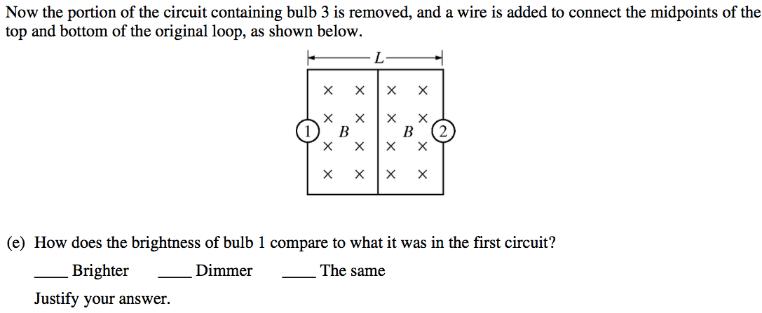 Now the portion of the circuit containing bulb 3 is removed, and a
 wire is added to connect the midpoints of the top and bottom of the
 original loop, as shown below. (e) How does the brightness of bulb 1
 compare to what it was in the first circuit? Brighter Justify your
 answer. Dimmer The same 