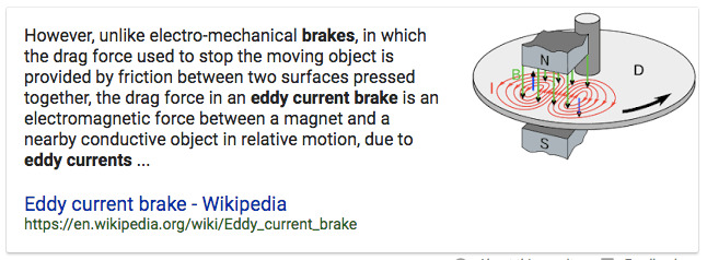 However, unlike electro-mechanical brakes, in which the drag force
used to stop the moving object is provided by friction between two
surfaces pressed together, the drag force in an eddy current brake is
an electromagnetic force between a magnet and a nearby conductive
object in relative motion, due to eddy currents Eddy current brake -
Wikipedia https://en.wikipedia.org/wiki/Eddy\_current\_brake
