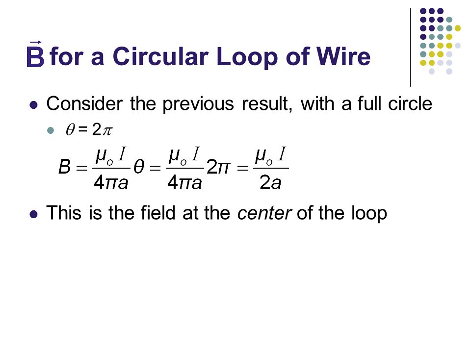 B for a Circular Loop of Wire • Consider the previous result, with a
full circle 277 47Ta • This is the field at the center of the loop
