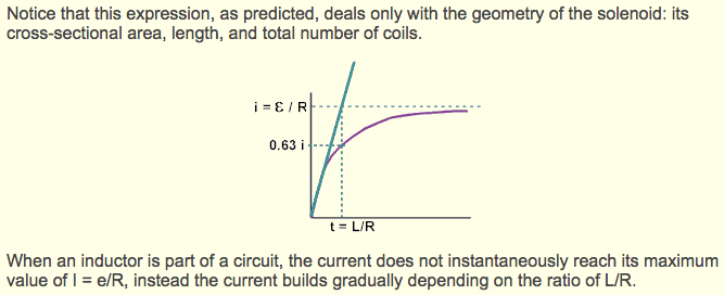Notice that this expression, as predicted, deals only with the
geometry of the solenoid: its cross-sectional area, length, and total
number of coils. i-E/R 0.63i When an inductor is part of a circuit,
the current does not instantaneously reach its maximum value of I =
e/R, instead the current builds gradually depending on the ratio of
L/R. 