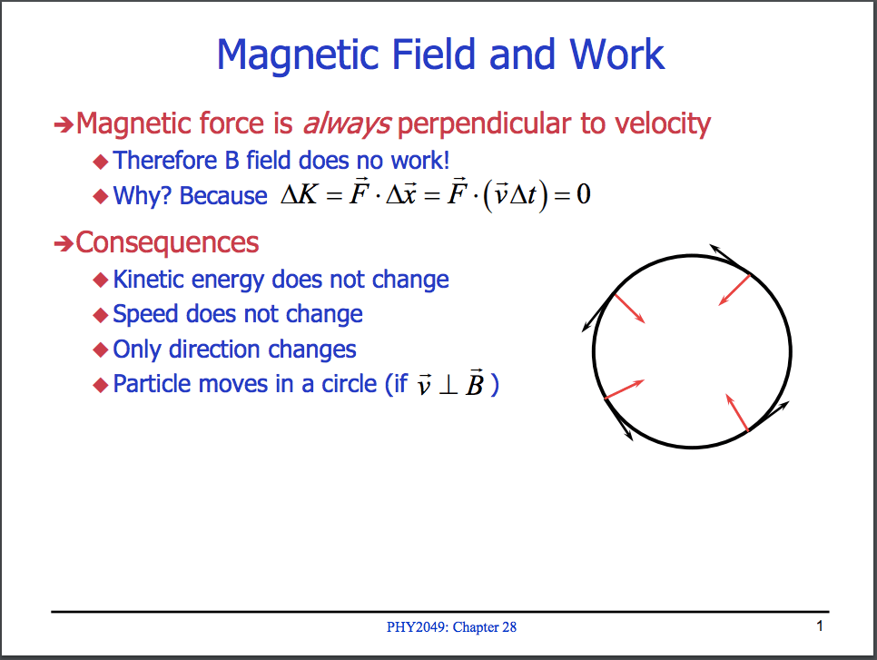 Magnetic Field and Work \*Magnetic force is always perpendicular to
 velocity Therefore B field does no work\! •Why? Because AK = F = F •
 (FAt) = 0 \*Consequences • Kinetic energy does not change • Speed does
 not change Only direction changes Particle moves in a circle (if LB )
 PHY2049: Chapter 28 