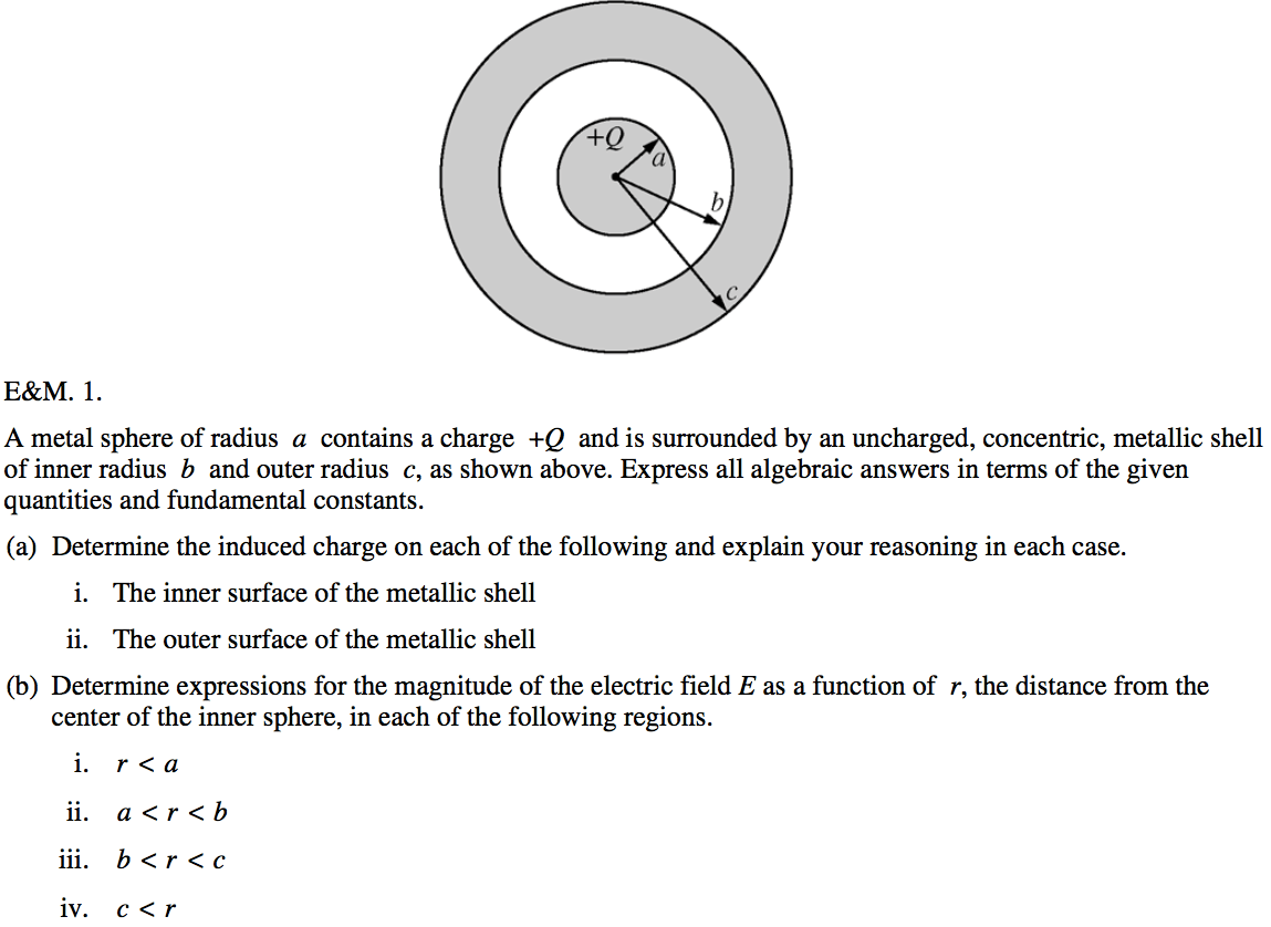 a c A metal sphere of radius a contains a charge +Q and is
 surrounded by an uncharged, concentric, metallic shell of inner radius
 b and outer radius c, as shown above. Express all algebraic answers in
 terms of the given quantities and fundamental constants. (a) Determine
 the induced charge on each of the following and explain your reasoning
 in each case. i. The inner surface of the metallic shell ii. The outer
 surface of the metallic shell (b) Determine expressions for the
 magnitude of the electric field E as a function of r, the distance
 from the center of the inner sphere, in each of the following regions.
 i. ii. iii. iv. 